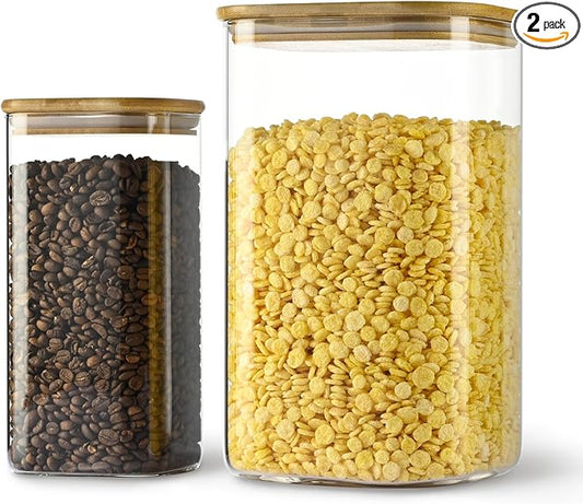156oz 52oz Airtight Glass Square Storage Canister with Bamboo Lid Set of 2(4600ml*1 1550ml*1) Large Gallon Glass Jars for Sugar, Flour, Cookies and Coffee beans (‎with Black Lable)