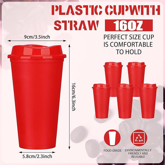 Domensi 15 Pack Reusable Coffee Cups with Lids 16 oz Disposable Travel Cups Bulk Plastic to Go Coffee Tumblers for DIY Hot Cold Drink Party Favors Coworker, Microwaveable (Red)