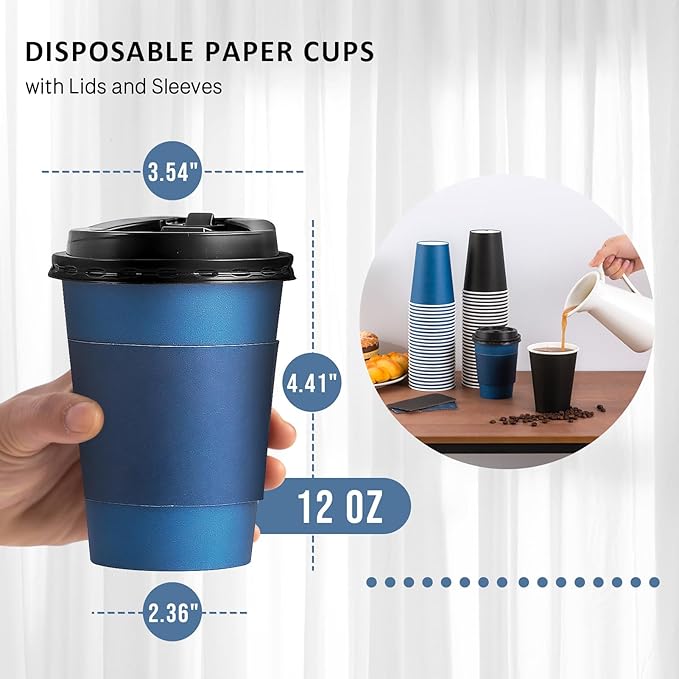 SIUQ 100 Pack 12 oz Coffee Cups with Lids, Disposable Paper Coffee Cups with Sleeves for Hot/Cold Drinks Parties, Picnic, Travel, and Events (Navy and Black)