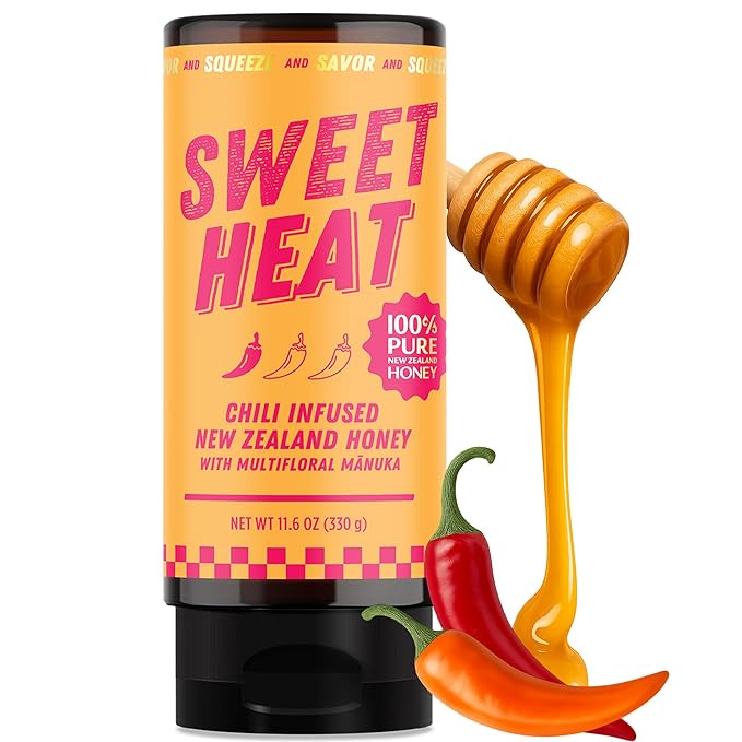 Hot Honey - Sweet Heat 100% Pure New Zealand Raw Manuka Spicy Honey MGO 100+ - Chili-Infused for Cooking & Grilling - No Added Sugar - 11.6oz Squeeze Bottle