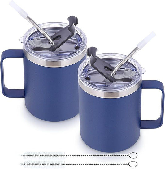 Volhoply 12oz Insulated Leakproof Coffee Mug with Flip & Straw Lid Bulk 2 Pack,Double Wall Vacuum Stainless Steel Travel Tumbler Cup with Handle,Reusable Camping Mugs Keep Cold/Hot(Navy,2 Set)