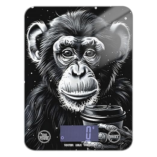 Monkey Drink Coffee Digital Food Scale – Fashion Design, 11lb/0.01oz, Tempered Glass, Kitchen Scales with LCD Display for Baking & Cooking, Batteries Not Included