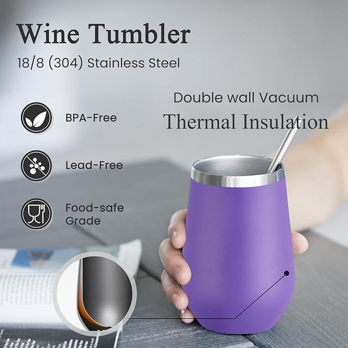 MEWAY Stainless Steel Wine Tumbler with Lid and Straw 12oz - Stemless Insulated Wine Cup Glass for Coffee,Cocktails,Drinks,Champagne, and Office Use, Ideal for Parties and Gifts(Purple,1)