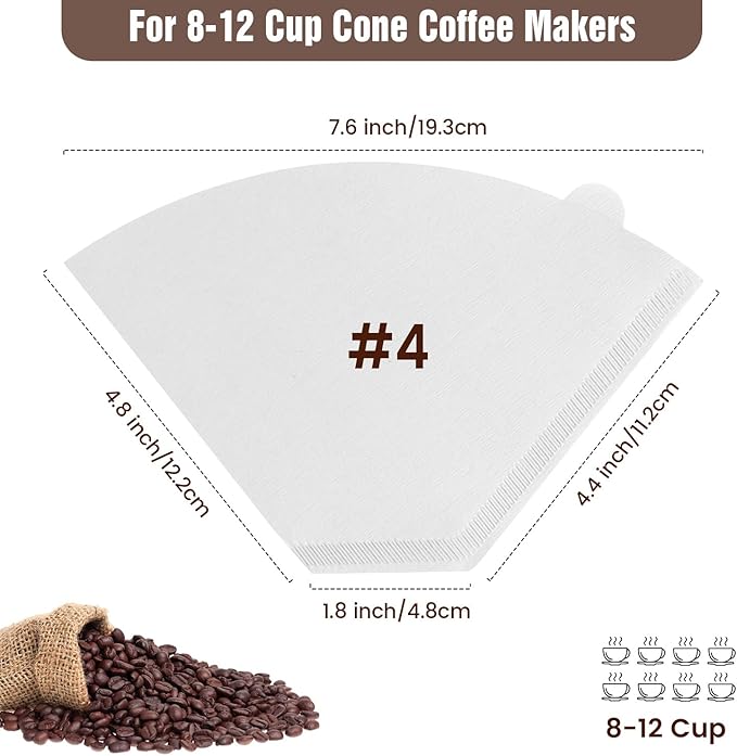 200 Count Cone Coffee Filters #4, White 04 Coffee Filters 8-12 Cup, Disposable Natural Paper Filters, No.4 Cone Filters For Ninja, Pour Over and Drip Coffee Maker