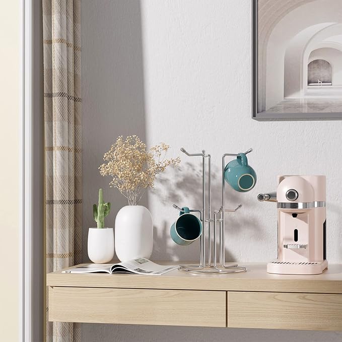 HULISEN Coffee Mug Holder for Countetop, Cup Tree for Counter Large Mugs with 6 Hooks, Metal Cup Holder Stand, Standing Rack Display for Coffee Bar, Silver