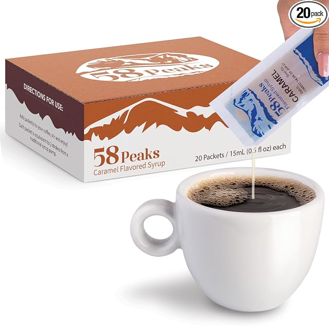 58Peaks Caramel Flavored Syrup Sweetener Packets for Hot and Cold Drinks | To-Go Syrup Flavoring Perfect for Coffee, Tea, Milkshake and More | Flavored Coffee Syrups for Travel | 15mL | 20-Pack