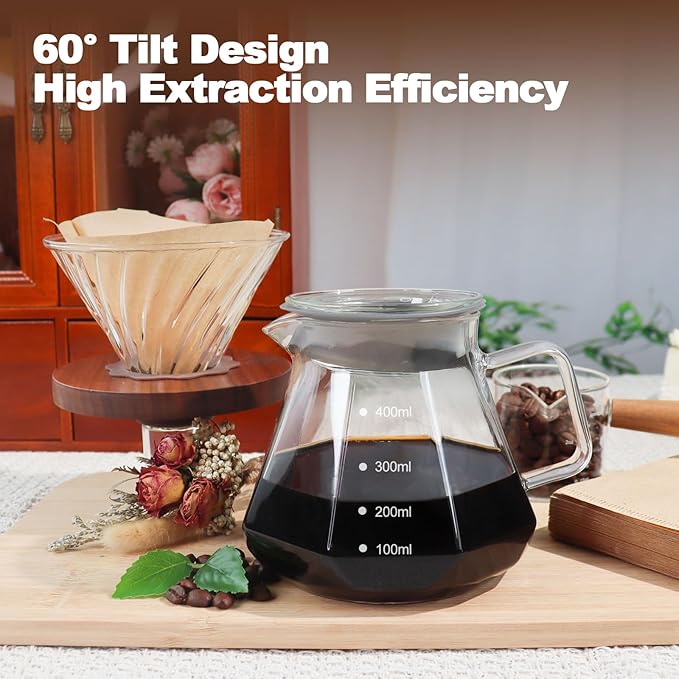 Pour Over Coffee Maker Set 400ml Portable with 50 Pcs Filter Paper Glass Coffee Maker High Borosilicate Glass Eagle Beak Spout Design Walnut Wood Base for Pour Over Dripper for Daily Brewing