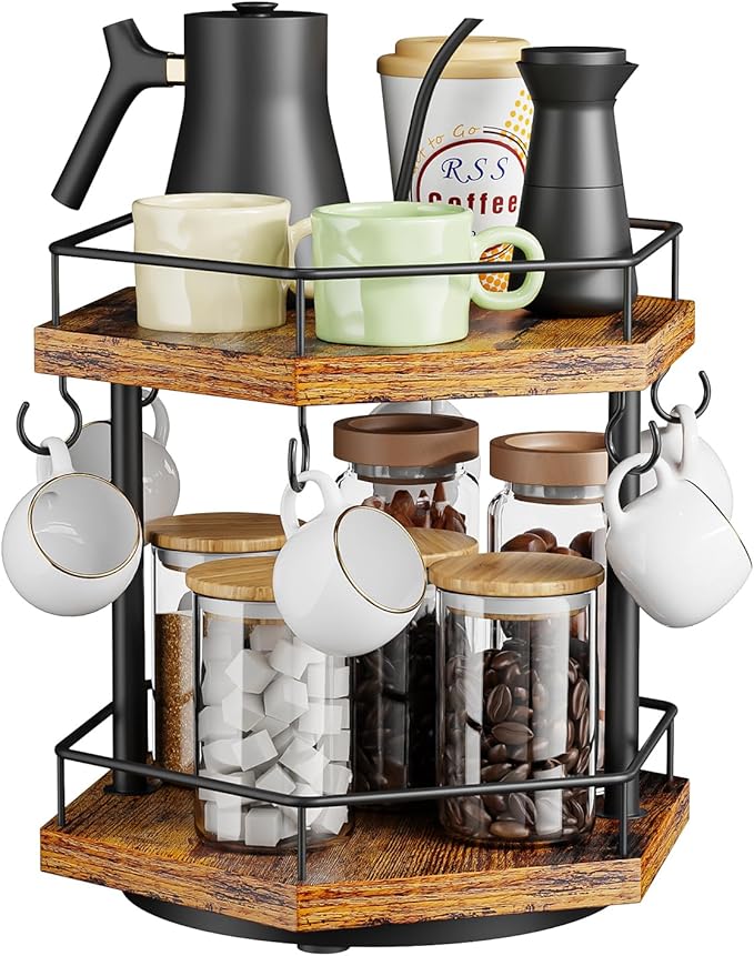KLM 2 Tier Coffee Bar Organizer Countertop Station Shelf for Home Office, Multi-Functional Coffee Mug Cup Holder Stand, Accessory Storage Rack with 6 Hooks, 360° Rotated Coffee Cup Holder for Counter