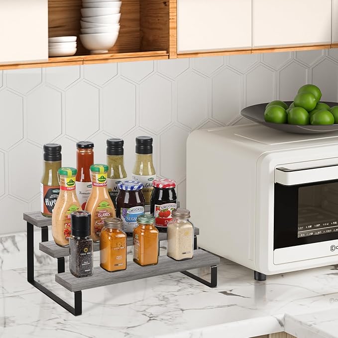 YINMIT Wooden Display Riser Stand, Tiered Perfume and Cologne Organizer Stand, 3 Tier Spice Rack Organizer, Rustic Display Shelf for Candles (3 Tier,Grey)