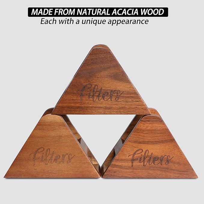 Acacia Wood Coffee Filter Holder,Coffee Filter Storage Organizer,Coffee Bar Decor,Storage for Square Cone shaped and Flat bottomed Pour Over Paper Filters