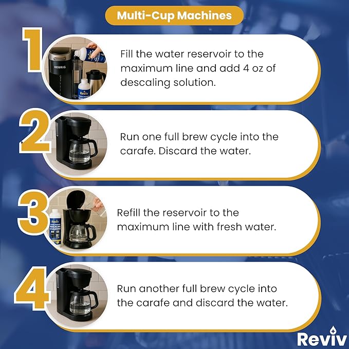 REVIV Coffee Maker Descaling Solution (4 Uses) 16.9 fl oz – Universal Coffee Descaler for Keurig, Nespresso, Breville & Delonghi Machines – Descaler for Multi-Cup & Single Serve Brewers