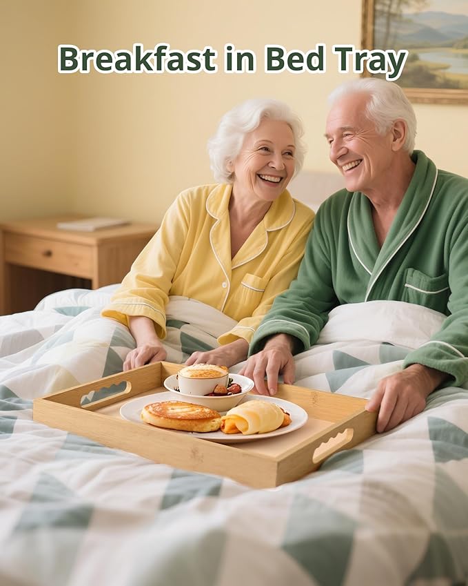 Bamboo Serving Tray with Handle, Breakfast in Bed Tray with Removable Silicone Mat, for Pantry Living Room Bathroom Tea Bar