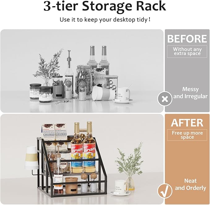 Coffee Syrup Rack Organizer, 3 Tier Countertop Storage Shelves, Kitchen Storage, 12 Syrup Bottle Stand Holder for Wine, Liquor, Kitchen Coffee Station Organizer Rack, 13.8"x13.4"x13.0", Grey