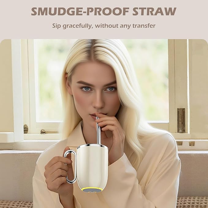 Self Stirring Mug - 4-Color Temp Display Magnetic Electric Auto Mixing Stainless Steel Cup with Straw & Lid For Office/Kitchen/Home/Coffee/Milk- 14.2oz/420ml(Black)