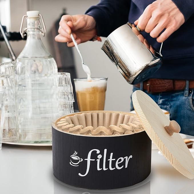 Coffee Filter Holder, Wood Coffee Filters Storage Container with Anti-slip Lid Farmhouse Coffee Filter Basket Coffee Station Organizer Coffee Bar Accessories for Home Office Coffee Countertop Decor