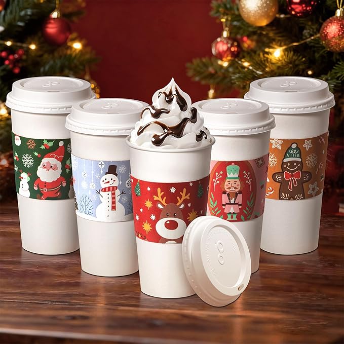 Fit Meal Prep 50 Pack 20 oz Christmas Disposable Coffee Cups with Lids, Sleeves, Leak-Proof To Go Coffee Cups with Lids, Durable Holiday Hot Paper Cups for Home, Office, Party, Business