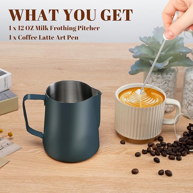Milk Frothing Pitcher, 12 oz Milk Frother Cup with Clear Scale, 304 Stainless Steel Cappuccino Espresso Machine Accessories for Barista Coffee Bar with Latte Art Pen, Blue