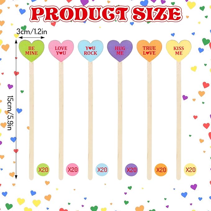 120Pcs Valentine's Day Coffee Stirrers Pastel Conversation Heart Stir Sticks Wooden Drink Stirrers Disposable For Home Office Bar Restaurant Party Supplies