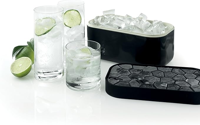 Lékué Ice Box | Ice Cube Tray For Freezer With Lid & Bin | Made With 100 Percent Platinum Silicone | Elegant And Retro Style Ice Cubes | For Cocktails, Ice Tea & Coffee And More | Black