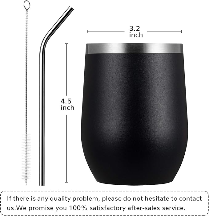 MEWAY 12oz/4 Pack Wine Tumbler Glasses with Lid - Stemless Double Wall Vacuum Stainless Steel Travel Tumbler - Keeping Cold & Hot for Wine,Coffee,Cocktails,Drinks-Family and Gifts (Black,Set of 4)