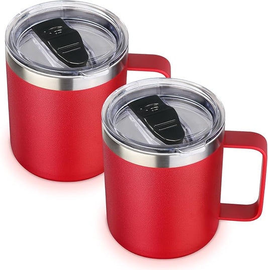 Volhoply 14oz Insulated Stainless Steel Coffee Mug with Lid Bulk 2 Pack,Double Wall Vacuum Travel Coffee Cup with Handle,Reusable Cups Tumbler,Camping Mugs Keep Hot/Cold,Ideal Gifts(Red,2)