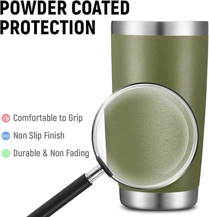 COMOOO 20oz Double Wall Vacuum Insulated Travel Mug, Stainless Steel Tumbler with Lid and Straw Durable Powder Coated Insulated Coffee Cup for Cold & Hot Drinks（Army Green, 1 Pack）