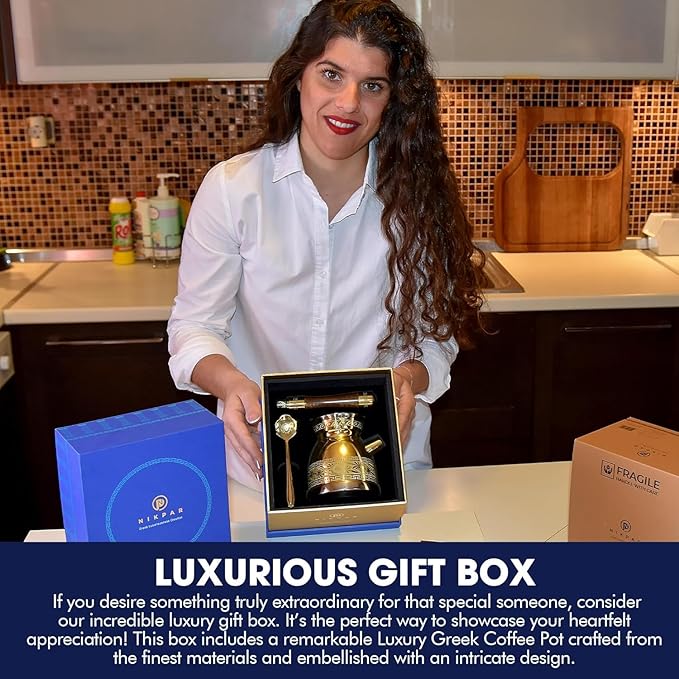 NIKPAR Luxury Greek Coffee Pot Macedonian Collection - Turkish Coffee Pot for Most Type of Stove Top, Arabic Coffee Maker Cezve, Ibrik, Briki with Detachable Handle & Luxury Gift Box (Trio Pack)