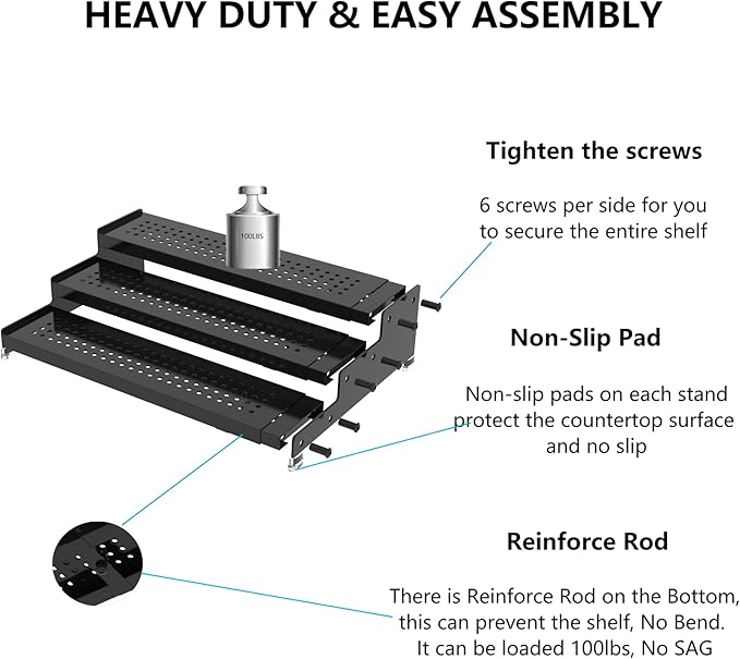 Expandable Spice Rack organizer with 3-Tier step shelf,Modern Design heavy duty,Non Skid and Visibility ,Great for Kitchen Cabinet,Bathroom,dressing table,Cupboard, Pantry and more(2PACKS/BLACK)