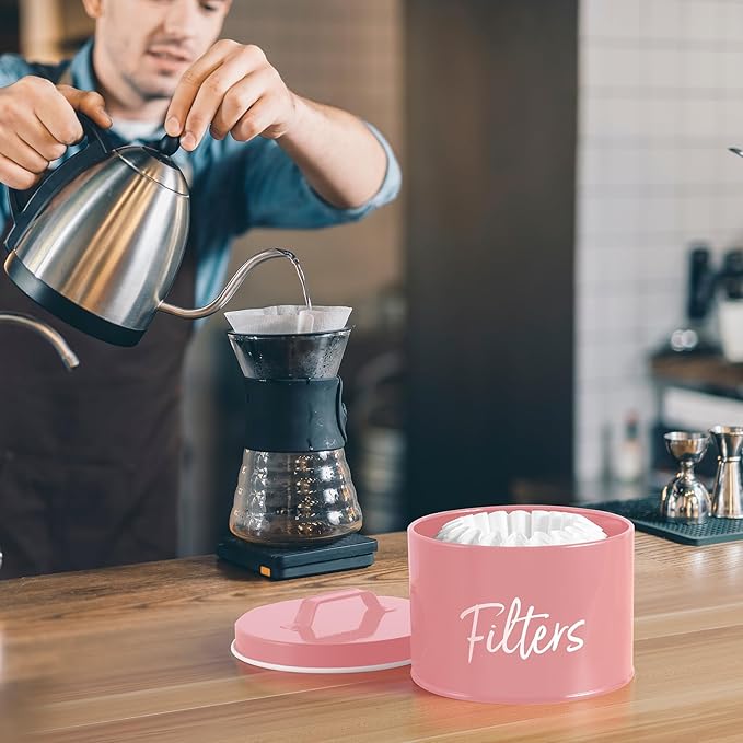 DRASTAR Coffee Filter Holder, Filter Storage with Lid for Counter, Storage Basket Container for Coffee Bar Accessories Decor, Pink