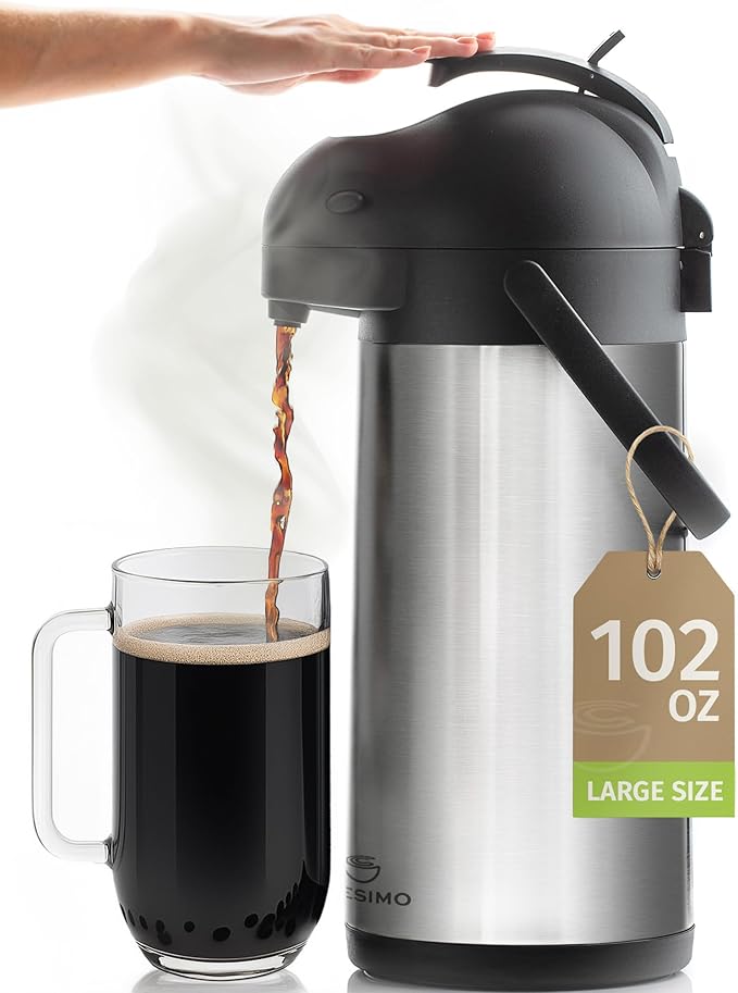 Cresimo Coffee Carafe with Pump - 102oz / 3L Airpot 12 Hours Large Hot Water Carafe, Cocoa Dispenser for Parties - Tea Flask, Insulated Stainless Steel Airpots for Hot Beverage Dispenser -Coffee Pump