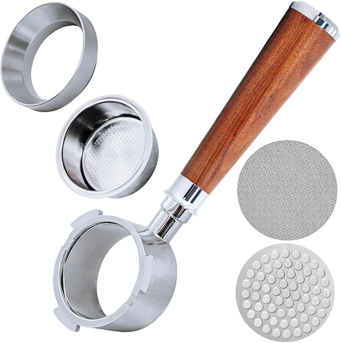 54mm Bottomless Portafilter with 3 Ears, Includes Magnetic Dosing Funnel, Etched & Sintered Filter Screens, Double Shot Basket, Stainless Steel Holder with Redwood Handle, Fits Breville54mm Machines