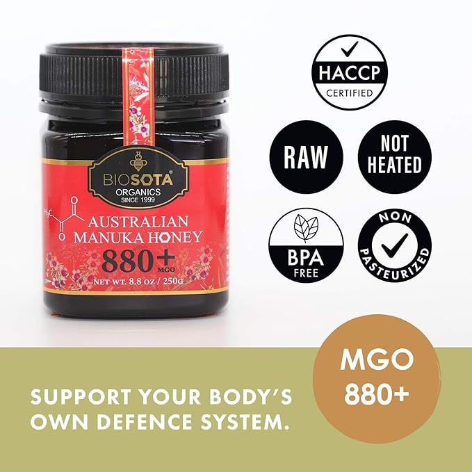 BIOSOTA Organic Manuka Honey MGO 800+ - Medical Grade Manuka Honey from Australia, 100% Raw Unheated Pure Honey, 8.8oz (800+) (MGO 800+)