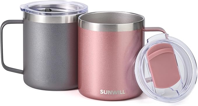 SUNWILL Travel Coffee Mug with Lid, Insulated Tumbler with Handle, 14 oz Stainless Steel Cup Set of 2 for Camping, Outdoor, Cool Grey & Rose Gold 2 Pack