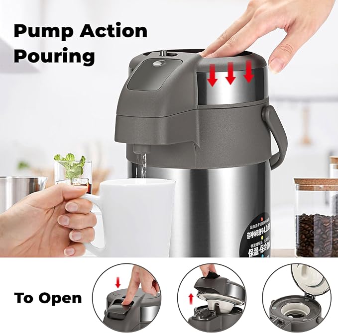 OJOJ 3L/101OZ Thermal Coffee Carafe with Pump, Thermal Beverage Dispenser, Coffee Airpot Stainless Steel Coffee Carafe for Hot Drinks Silver