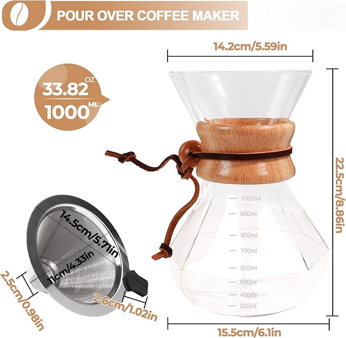 Pour Over Coffee Maker 1000ml with 304 Stainless Steel Filter and Wooden Collar Holder Borosilicate Glass Drip Coffeemaker Server Set Clear Hand Brew Dripper Carafe for Home Camping Travel 33.8oz