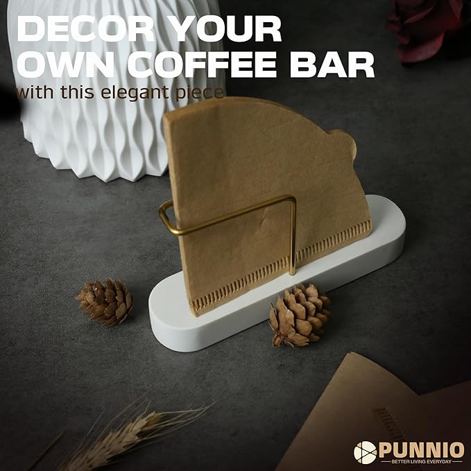 Coffee Filter Holder Storage, Marble & Brass Rack Coffee Filter Container for Coffee Bar/Home/Office, Compatible with #1/#2/#4/V60 Coffee Filter