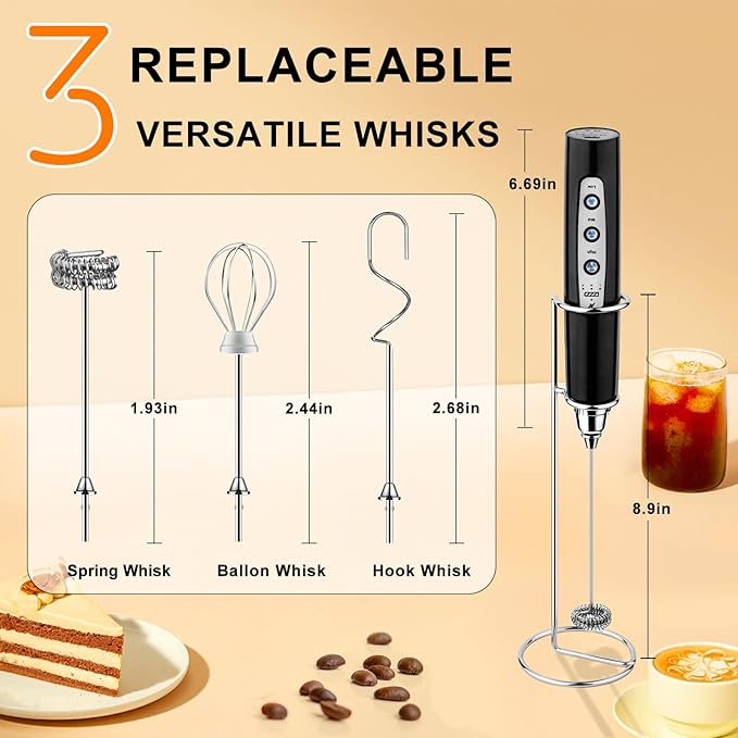 YUSWKO Handheld Milk Frother Wand for Coffee, Rechargeable Electric Whisk with 3 Heads 3 Speeds Drink Mixer Coffee Frother For Latte, Cappuccino, Hot Chocolate, Egg (With Stand, Light Black)