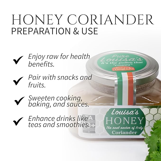Louisa's Coriander Honey | Award-Winning Italian Raw & Pure Honey | TA 10+ (MGO 263+) | 100% Traceable | Sustainably Sourced | GMO, Gluten & Allergen Free | 350g