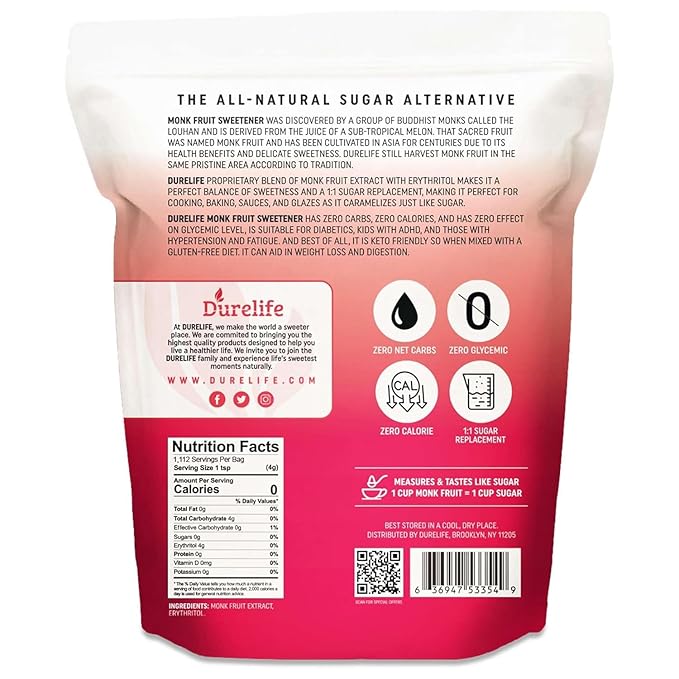 Durelife Golden Monk Fruit Sweetener, 1:1 Sugar Replacement, Keto Diet Friendly, Zero Calorie, Kosher Sugar Substitute Crystal, Golden - 5 lb Bulk Size (Packaging May Vary)