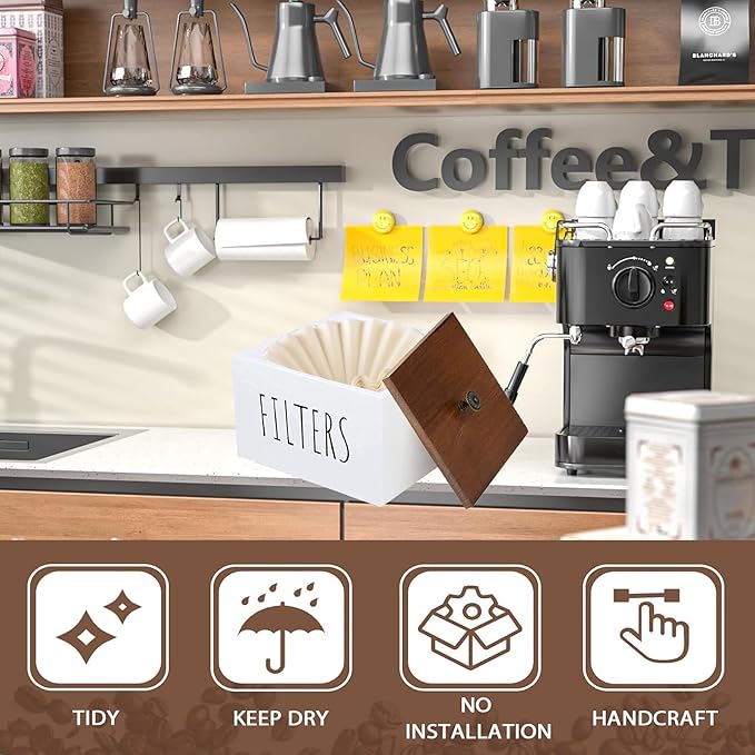 Wooden Coffee Filter Holder - Container With Lid, Rustic Dispenser Basket for Bar Decor, Farmhouse Accessories (White)