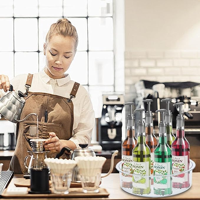 Rotating Coffee Syrup Organizer,7 Bottle Syrup Rack,Small Wine Rack for Coffee Bar,Clear Plastic Spinning Display Stand for Syrup Wine Dressin