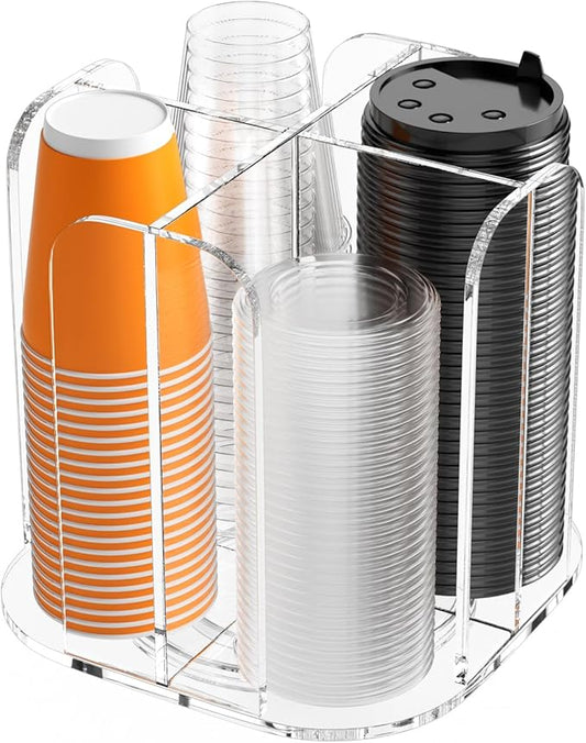 Beego Rotatable 4-Compartment Acrylic Cup Dispenser - Coffee Station Cup and Lid Carousel Countertop Plastic Cup Holder for Restaurant Breakroom Coffee Bar