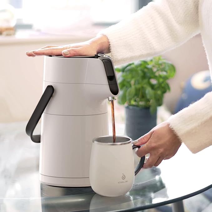 IDEUS Thermal Coffee Carafe 74oz (2,200ml), Stainless Steel Double Wall Insulated Vacuum Flask, Water Jug Coffee Server and Beverage Dispenser, Heat and Cold Retention (White, 74oz (2,200ml))