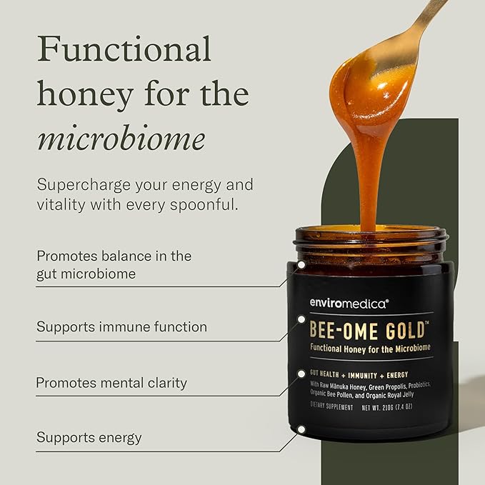 Bee-Ome Gold by Enviromedica - Unpasteurized Raw Manuka Honey with Probiotics, Royal Jelly, Bee Pollen & Propolis, Functional Superfood Honey, 7.4oz