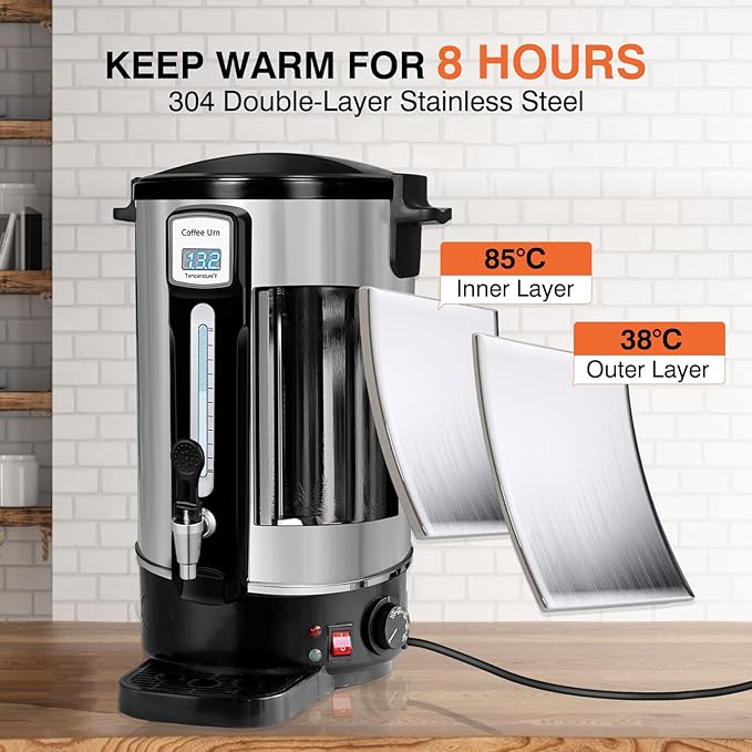 50-Cup Commercial Coffee Urn - Stainless Steel Double-Wall Coffee Maker with Percolator & Keep-Warm Function - Ideal for Events, Offices, Parties, and Catering (50 Cups - Double Layer)