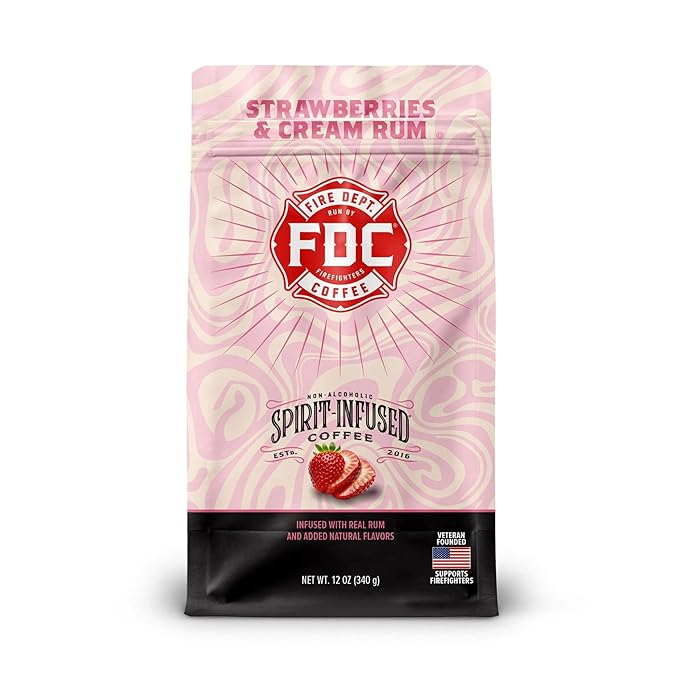 Fire Department Coffee - Gives Back to Firefighters - Strawberries & Cream Rum Infused Whole Bean Coffee - Medium Roast - Non-Alcoholic - Roasted in the USA - Veteran Owned - 12 oz