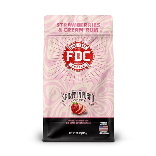 Fire Department Coffee - Gives Back to Firefighters - Strawberries & Cream Rum Infused Whole Bean Coffee - Medium Roast - Non-Alcoholic - Roasted in the USA - Veteran Owned - 12 oz