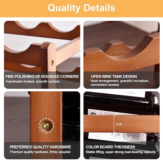 Wine Rack Countertop, 8 Bottle Wine Racks for Wine Bottles Storage Display, 2 Tier Wooden Wine Rack Free Standing Floor