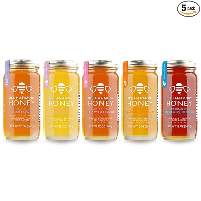 Bee Harmony Honey 5 Pack Variety Pack, 60 Ounce (Clover, Wildflower, Orange Blossom, Berry and Blueberry)