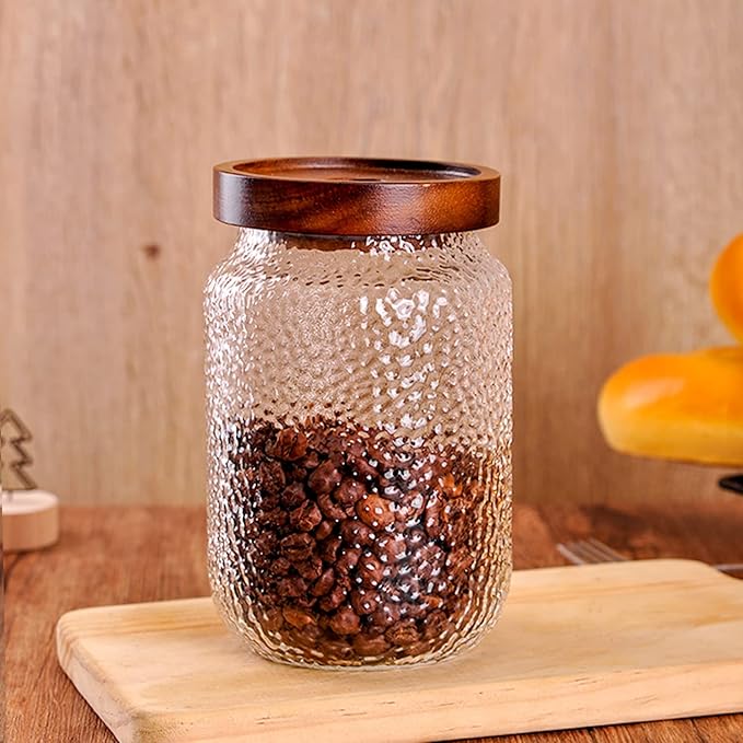 WHJY Glass Storage Container with Lid, Airtight Glass Jars, Farmhouse Tea Canister, Dog Treat Jar for Pet, Irregularity Texture Glass Candy Cookies Coffee Canister Jar Bath salt Container - 24oz